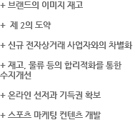 + 브랜드의 이미지 재고 + 제 2의 도약 + 신규 전자상거래 사업자와의 차별화 + 재고, 물류 등의 합리적화를 통한
수지개선 + 온라인 선저과 기득권 확보 + 스포츠 마케팅 컨텐츠 개발